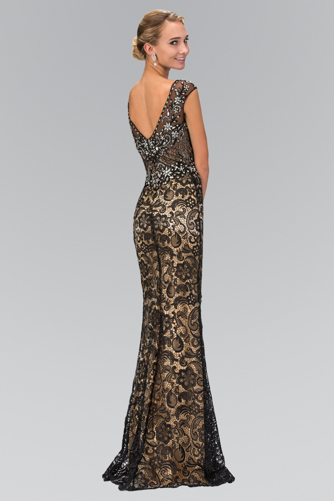 V-Neck Lace Embellished Long Dress with Jewel Detailing LuxuryLifeWay Online Store