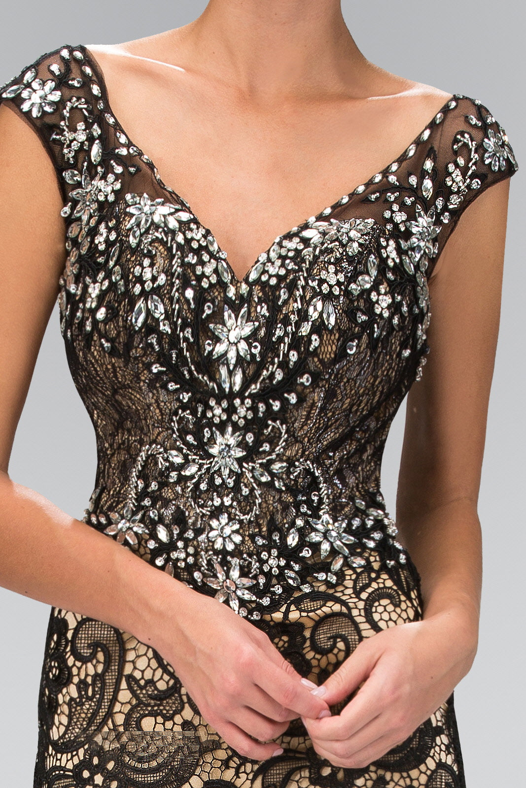 V-Neck Lace Embellished Long Dress with Jewel Detailing LuxuryLifeWay Online Store