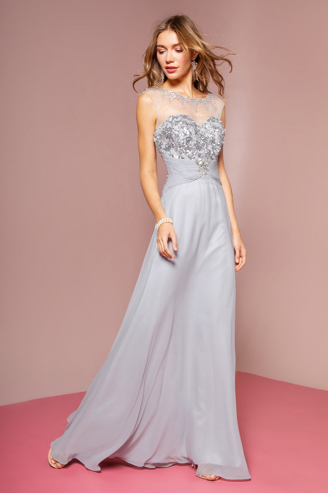 Sequin Embellished Chiffon Long Dress with Beaded Sweetheart Illusion Neckline LuxuryLifeWay Online Store