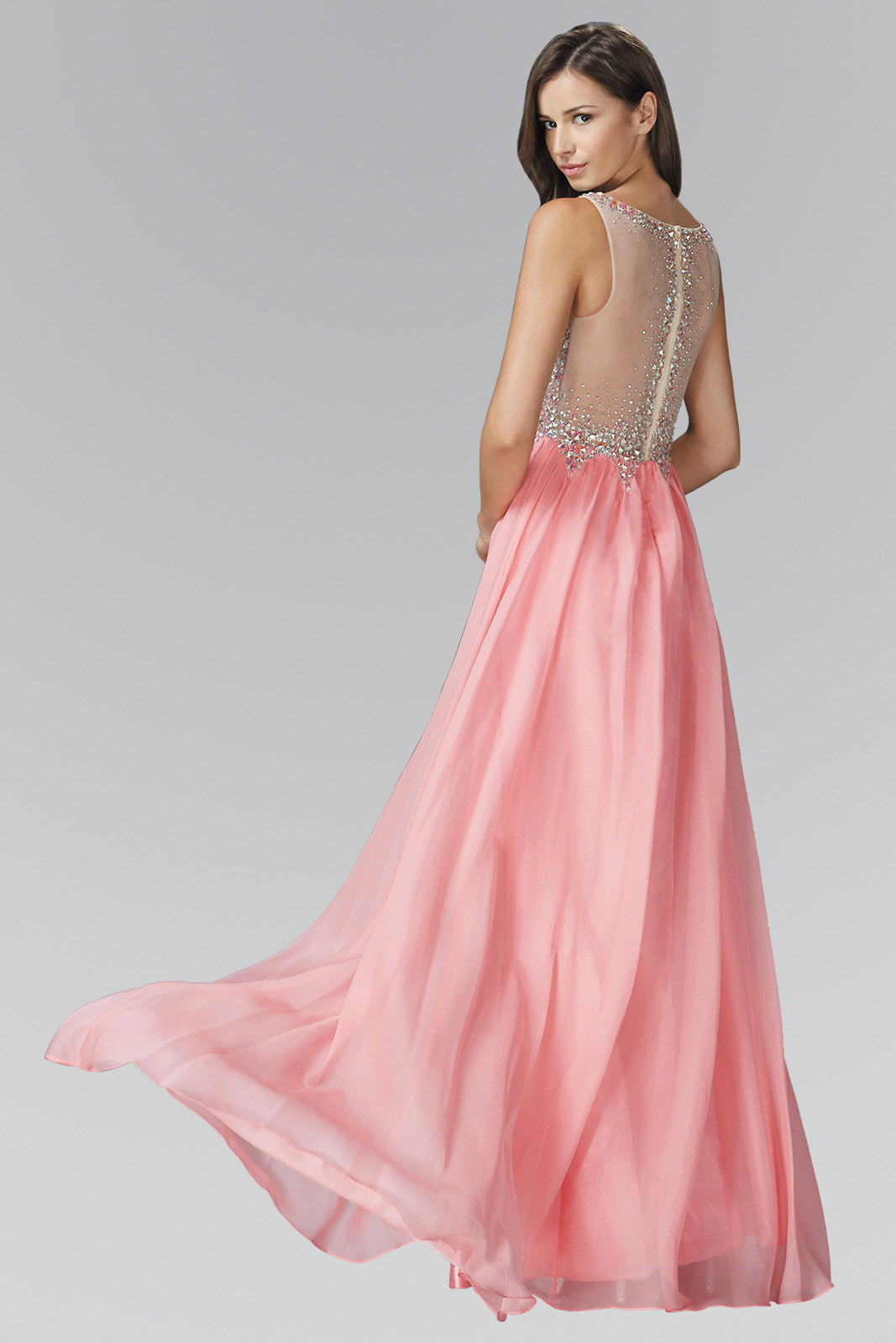 Beaded Chiffon Long Dress W/ Sequin Embellished Sheer Bodice and Corset Back LuxuryLifeWay Online Store