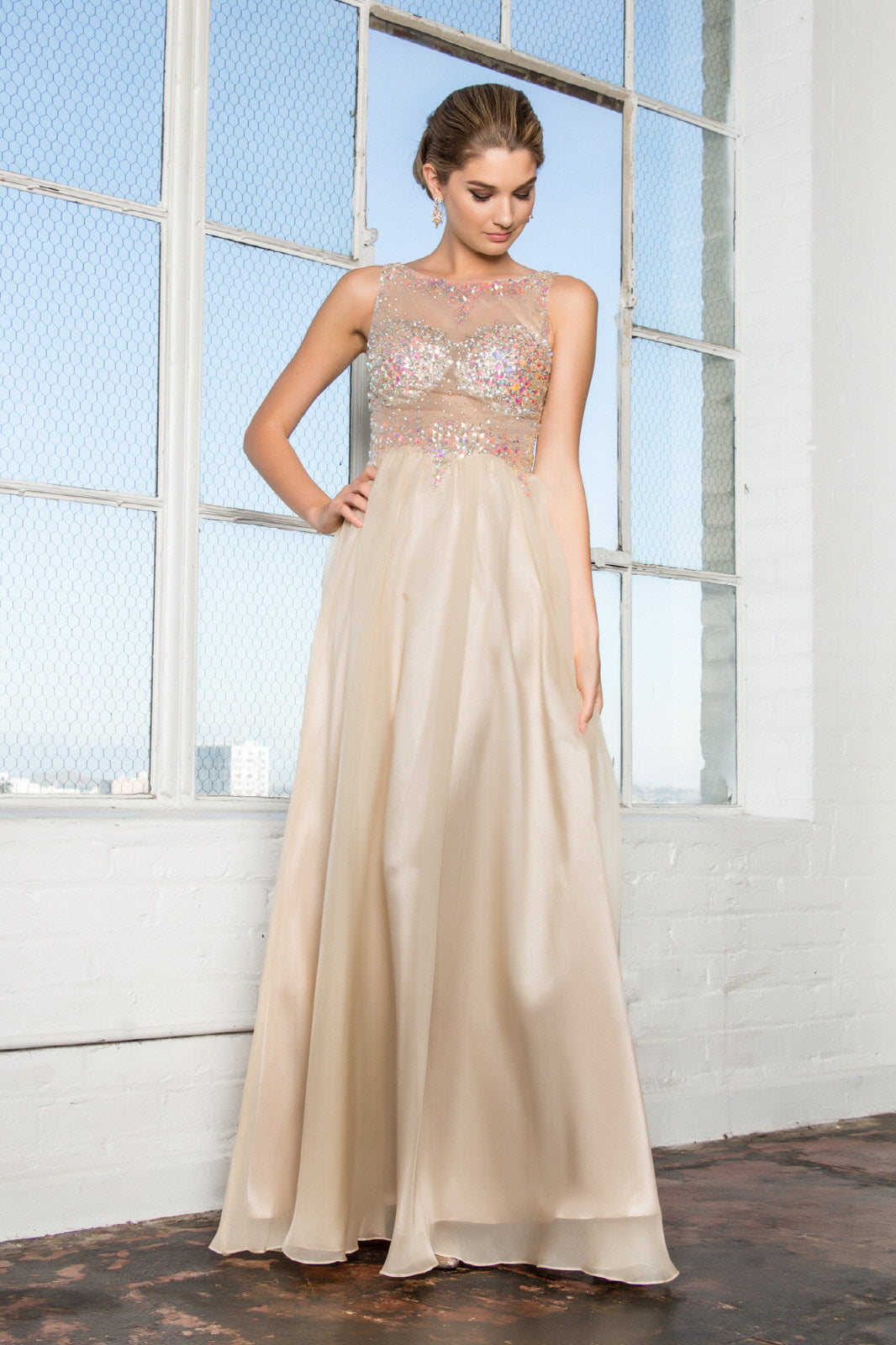 Beaded Chiffon Long Dress W/ Sequin Embellished Sheer Bodice and Corset Back LuxuryLifeWay Online Store