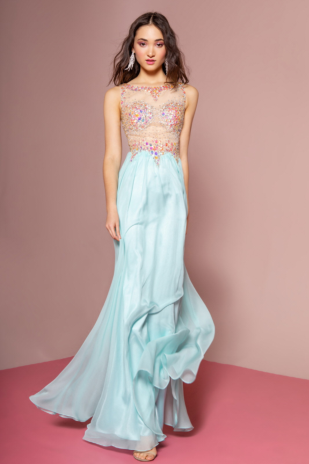 Beaded Chiffon Long Dress W/ Sequin Embellished Sheer Bodice and Corset Back LuxuryLifeWay Online Store