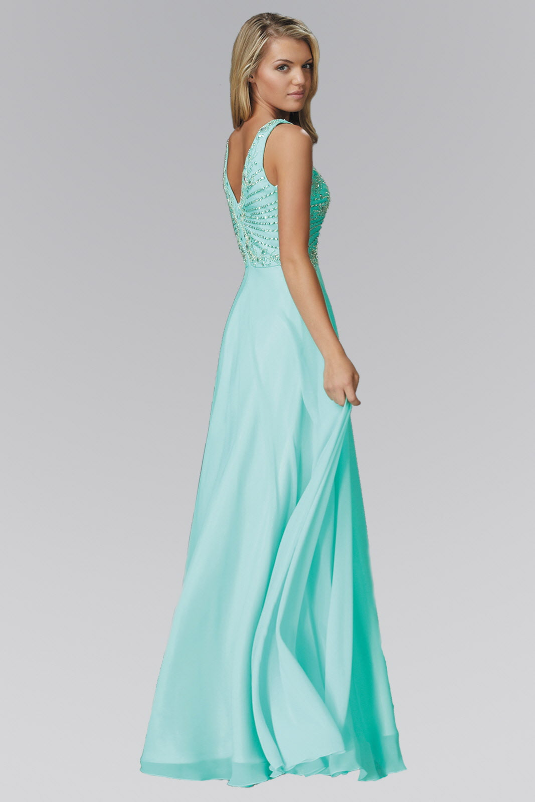 V Neck and Back Chiffon Floor Length Dress with Jewel and Sequin Bodice LuxuryLifeWay Online Store