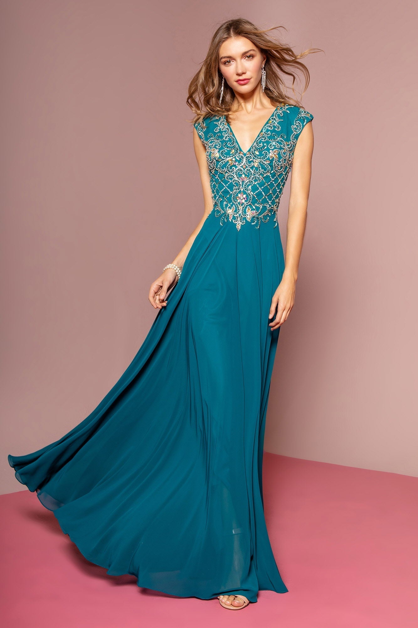 V-Neck Chiffon Floor Length Dress with Jewel Embellished Bodice LuxuryLifeWay Online Store
