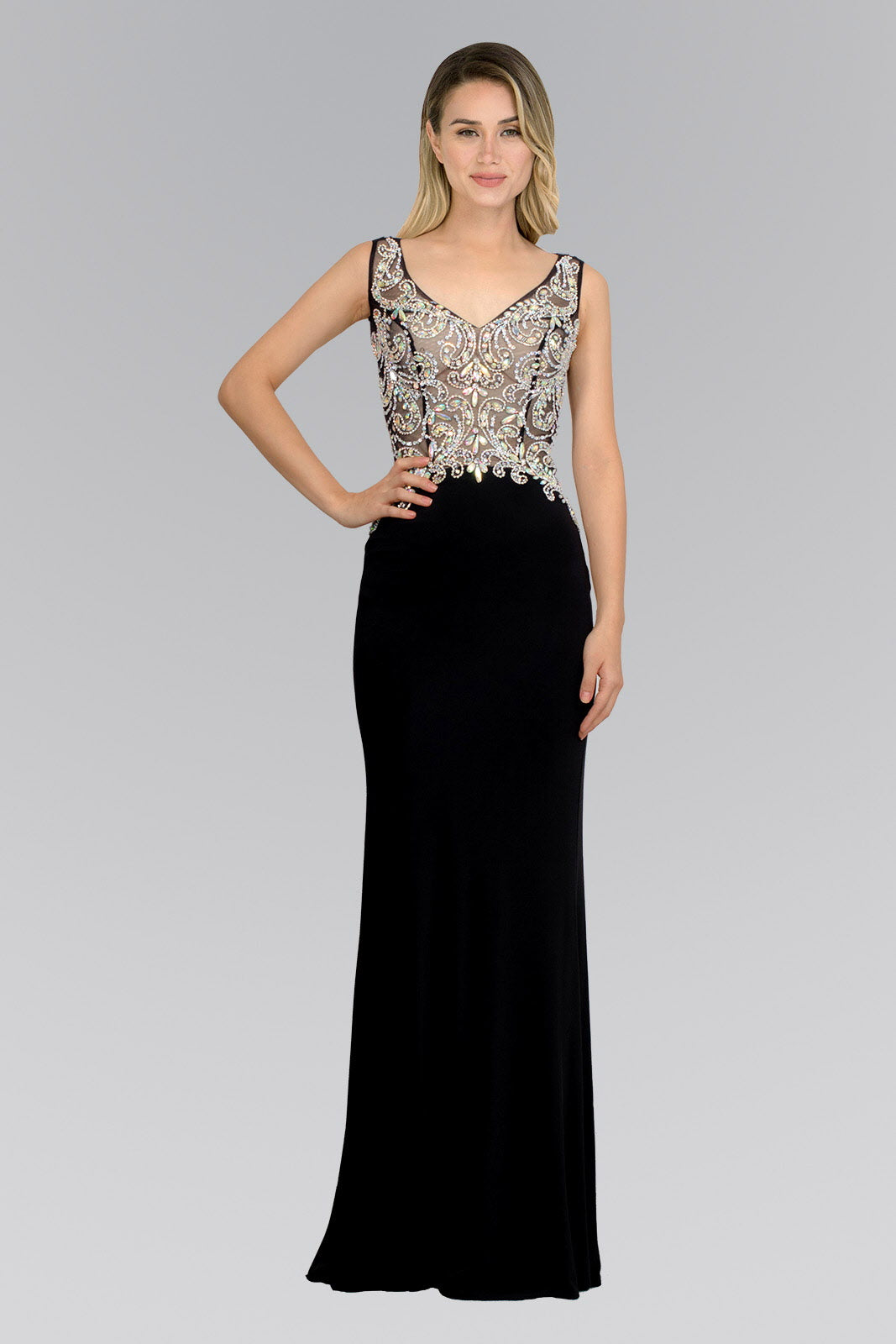Jewel Embellished Sheer Bodice Jersey Long Dress LuxuryLifeWay Online Store