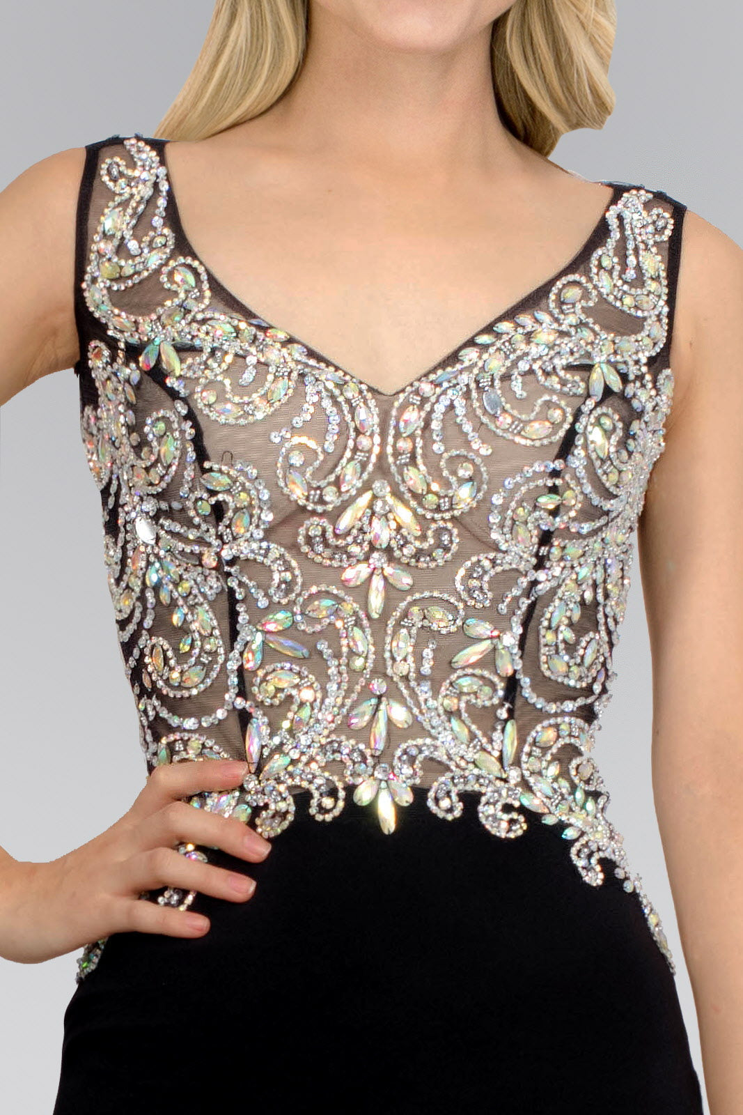 Jewel Embellished Sheer Bodice Jersey Long Dress LuxuryLifeWay Online Store