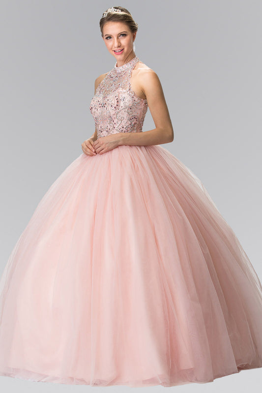 Mesh High Neck Quinceanera Dress with Beaded Bodice and Corset Back LuxuryLifeWay Online Store