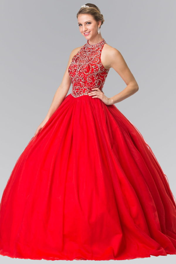 Mesh High Neck Quinceanera Dress with Beaded Bodice and Corset Back LuxuryLifeWay Online Store