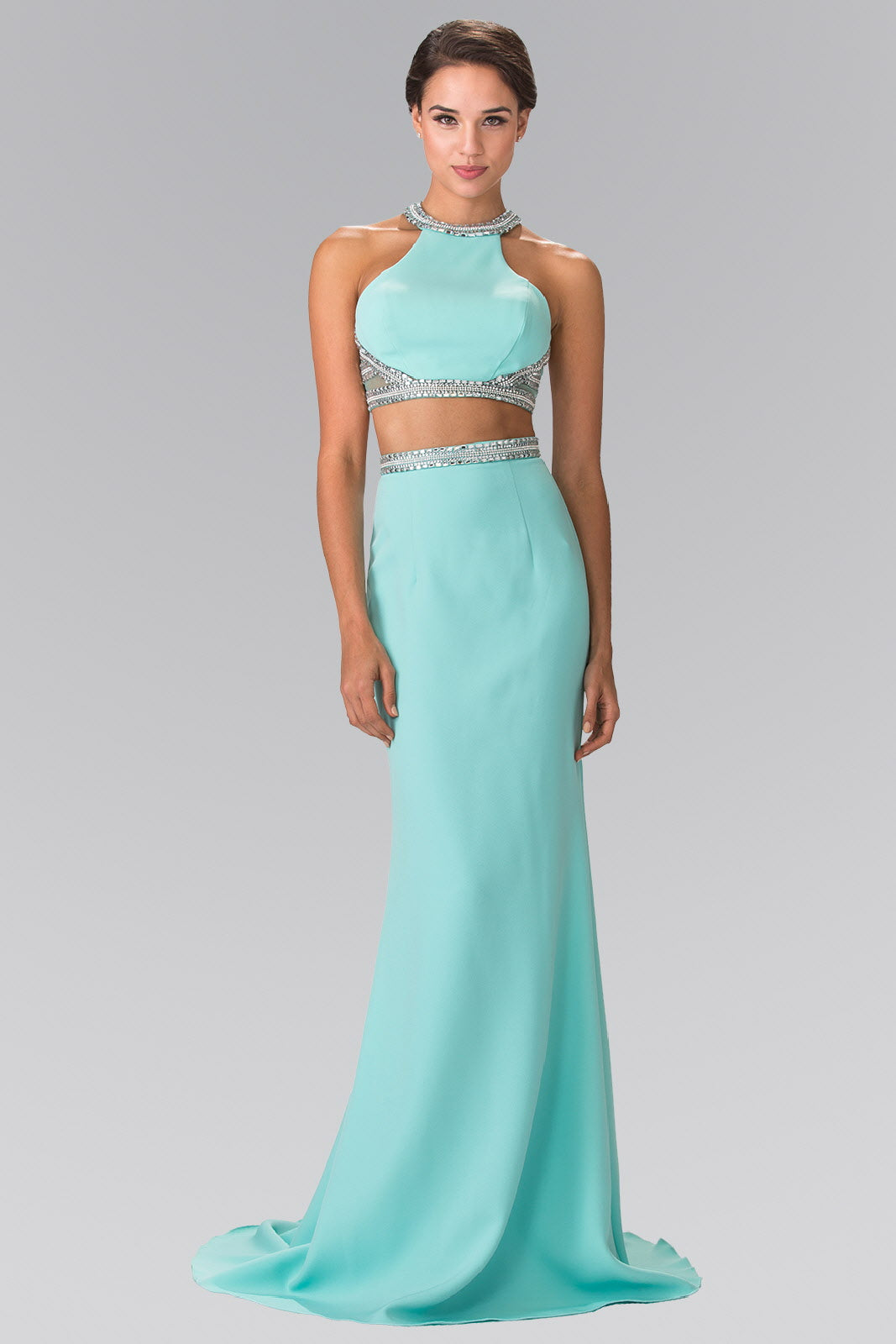 High Neck Two-Piece Jersey Long Dress Accented with a Beaded Band Waistline LuxuryLifeWay Online Store