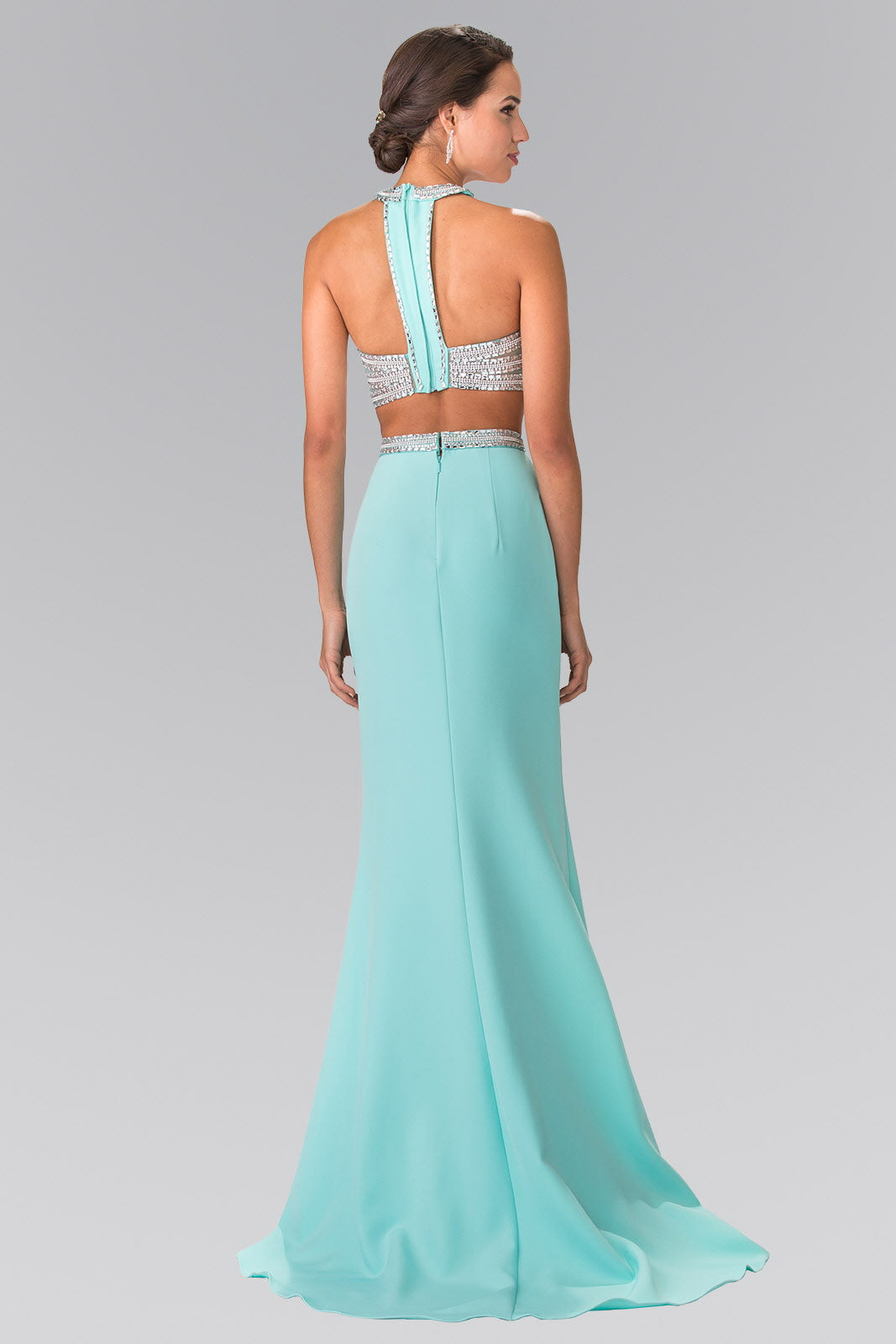 High Neck Two-Piece Jersey Long Dress Accented with a Beaded Band Waistline LuxuryLifeWay Online Store