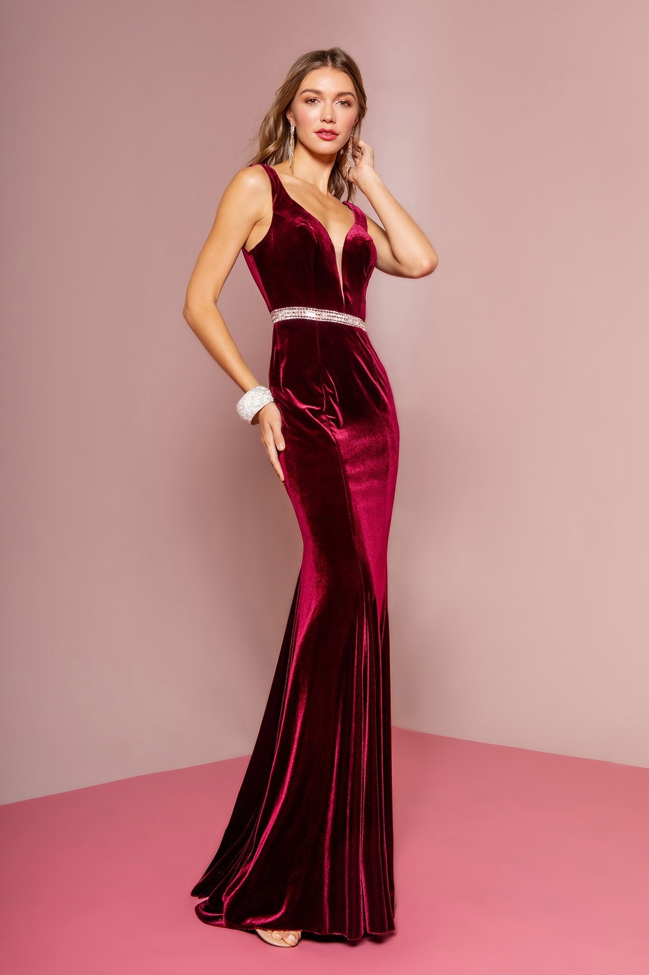 Jewel Accented Waist Line V-Neck Velvet Dress w/ U-Back LuxuryLifeWay Online Store