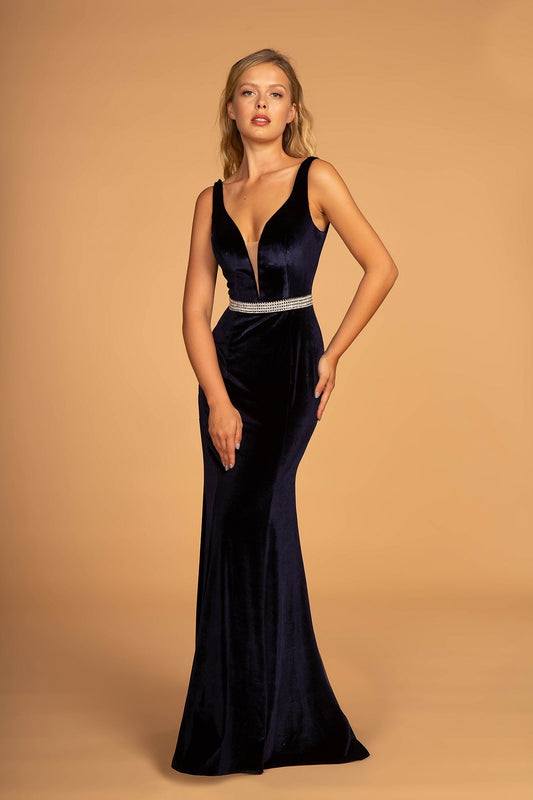 Jewel Accented Waist Line V-Neck Velvet Dress w/ U-Back LuxuryLifeWay Online Store