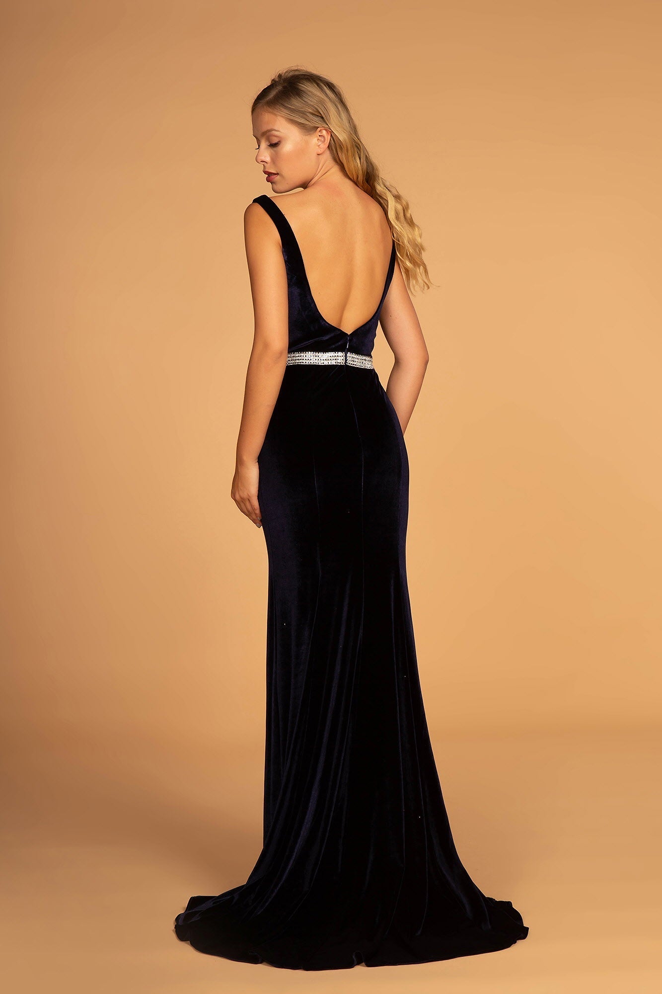 Jewel Accented Waist Line V-Neck Velvet Dress w/ U-Back LuxuryLifeWay Online Store