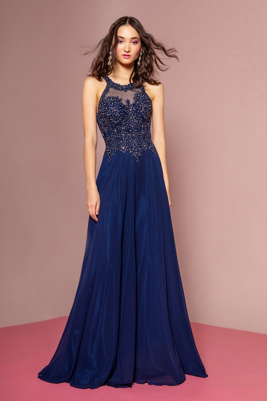Jewel Embellished and Embroidered Bodice Chiffon Long Dress LuxuryLifeWay Online Store