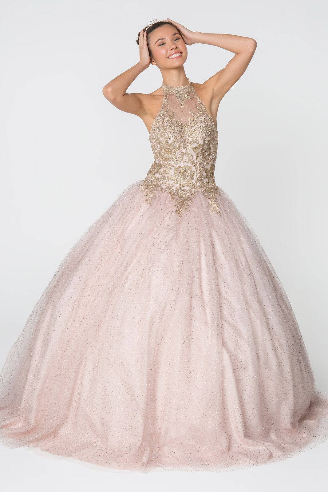 Embroidery and Jewel Embellished Halter Neck Glitter Mesh Ball Gown LuxuryLifeWay Online Store