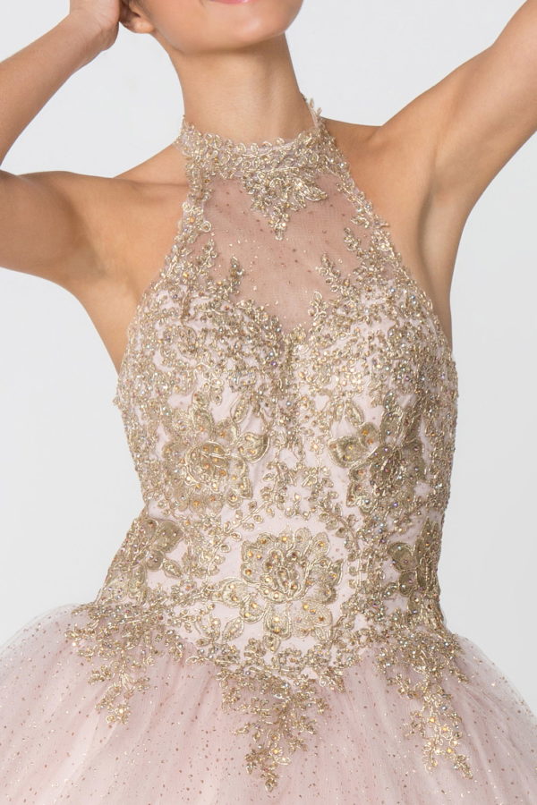 Embroidery and Jewel Embellished Halter Neck Glitter Mesh Ball Gown LuxuryLifeWay Online Store