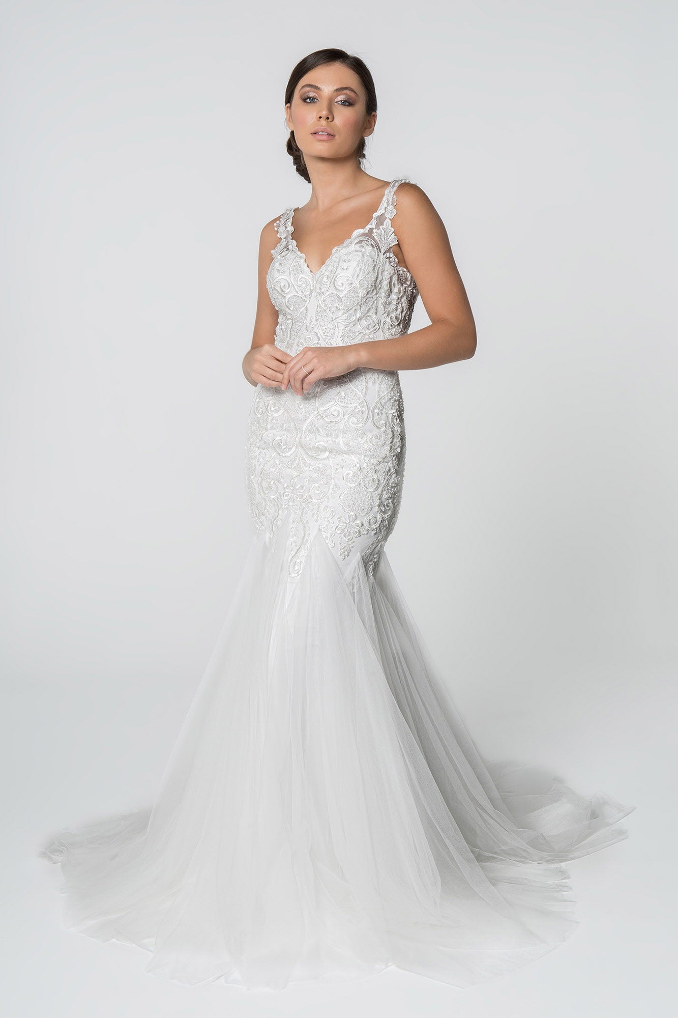 Embroidered Bodice V-Neck Mermaid Wedding Gown w/ Mesh Tail LuxuryLifeWay Online Store