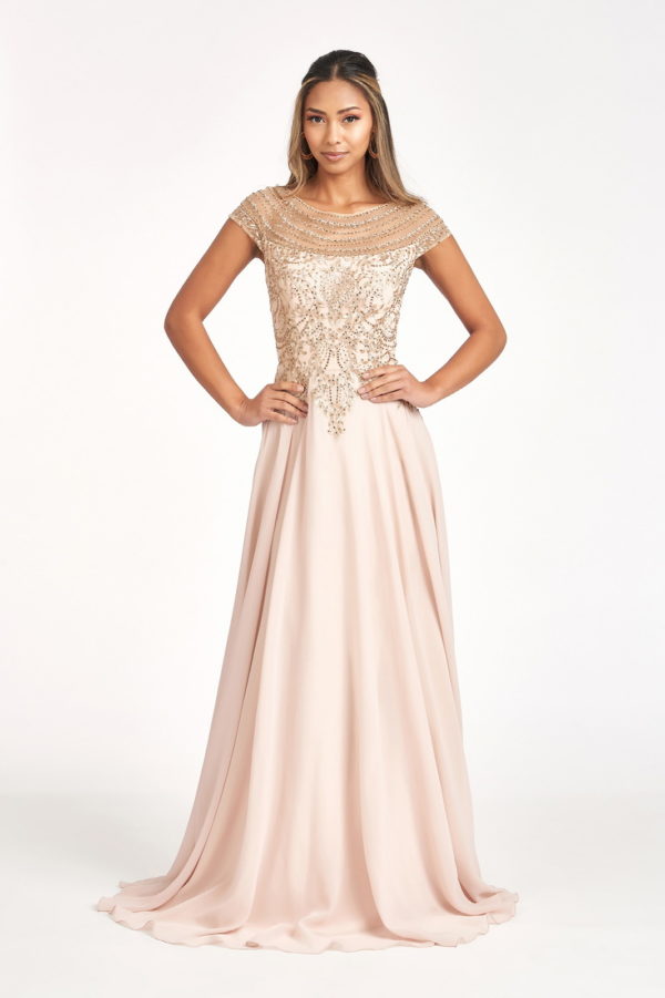 Beads Embellished Chiffon A-line Dress w/ Cap Sleeves LuxuryLifeWay Online Store