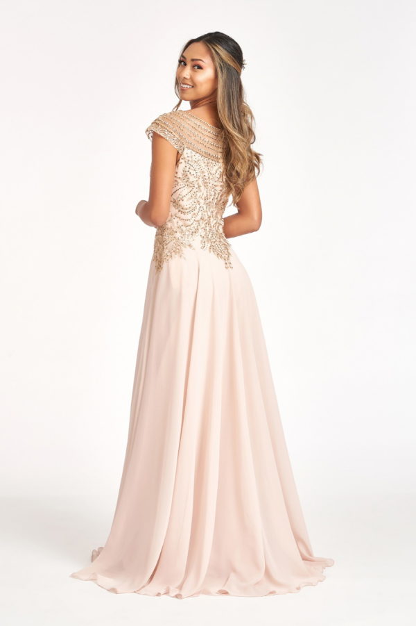 Beads Embellished Chiffon A-line Dress w/ Cap Sleeves LuxuryLifeWay Online Store