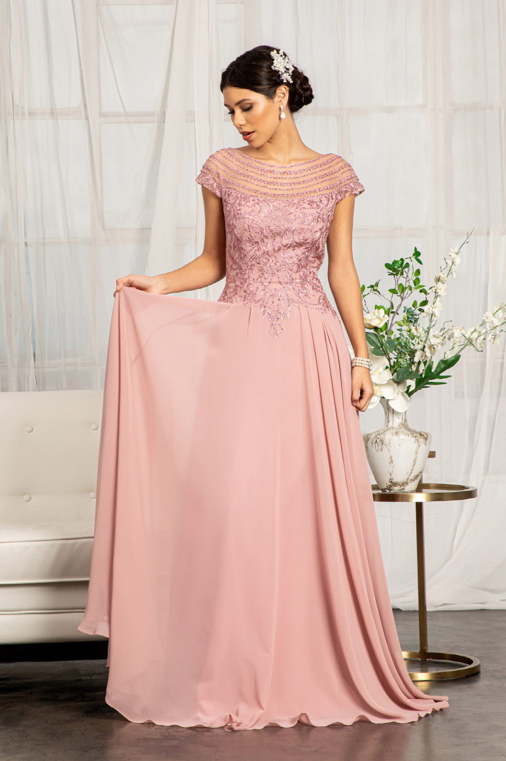 Beads Embellished Chiffon A-line Dress w/ Cap Sleeves LuxuryLifeWay Online Store