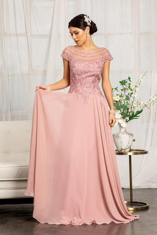 Beads Embellished Chiffon A-line Dress w/ Cap Sleeves LuxuryLifeWay Online Store