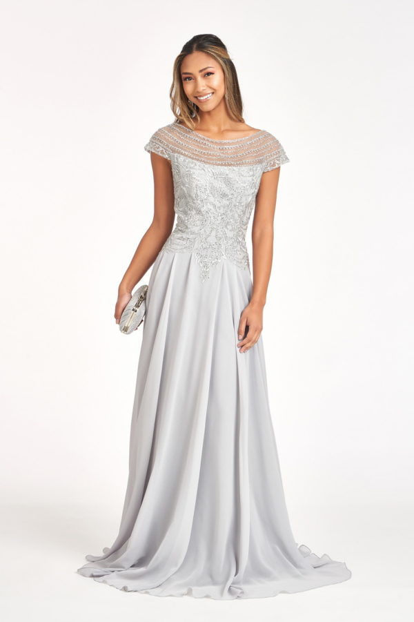 Beads Embellished Chiffon A-line Dress w/ Cap Sleeves LuxuryLifeWay Online Store