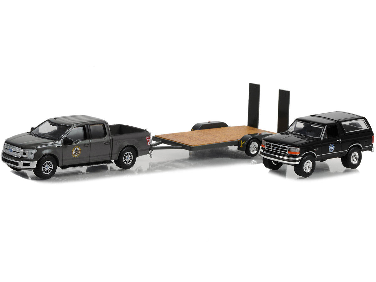 2018 Ford F-150 Pickup Truck Gray with 1992 Ford Bronco "Montana Livestock Association" Black and Flatbed Car Trailer "Yellowstone" (2018-Current) TV Series "Hollywood Hitch & Tow" Series 11 1/64 Diecast Model Cars by Greenlight LuxuryLifeWay Online Store