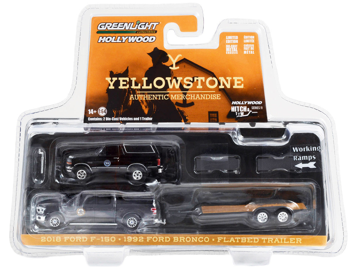 2018 Ford F-150 Pickup Truck Gray with 1992 Ford Bronco "Montana Livestock Association" Black and Flatbed Car Trailer "Yellowstone" (2018-Current) TV Series "Hollywood Hitch & Tow" Series 11 1/64 Diecast Model Cars by Greenlight LuxuryLifeWay Online Store