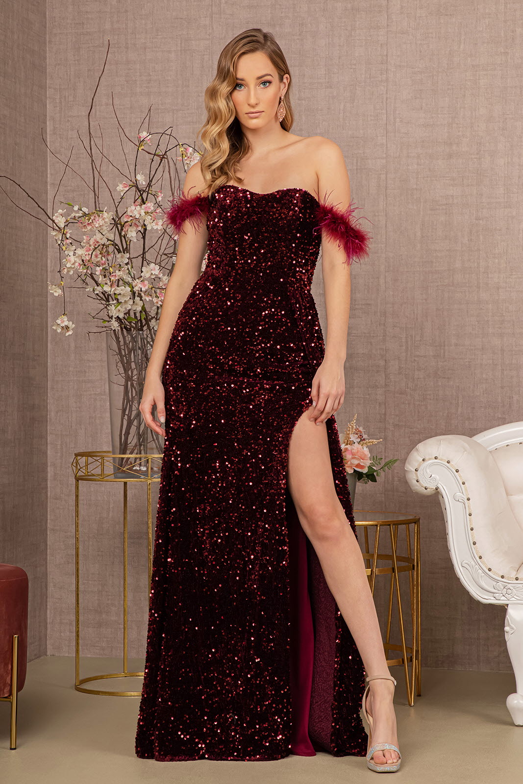 Feather Sequin Velvet Mermaid Dress w/ Velvet Side Waist Layer LuxuryLifeWay Online Store