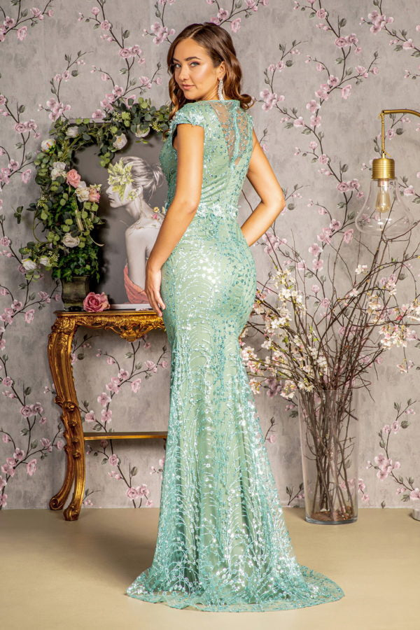 3-D Flower Glitter Sheer Neckline Mesh Mermaid Long Dress LuxuryLifeWay Online Store