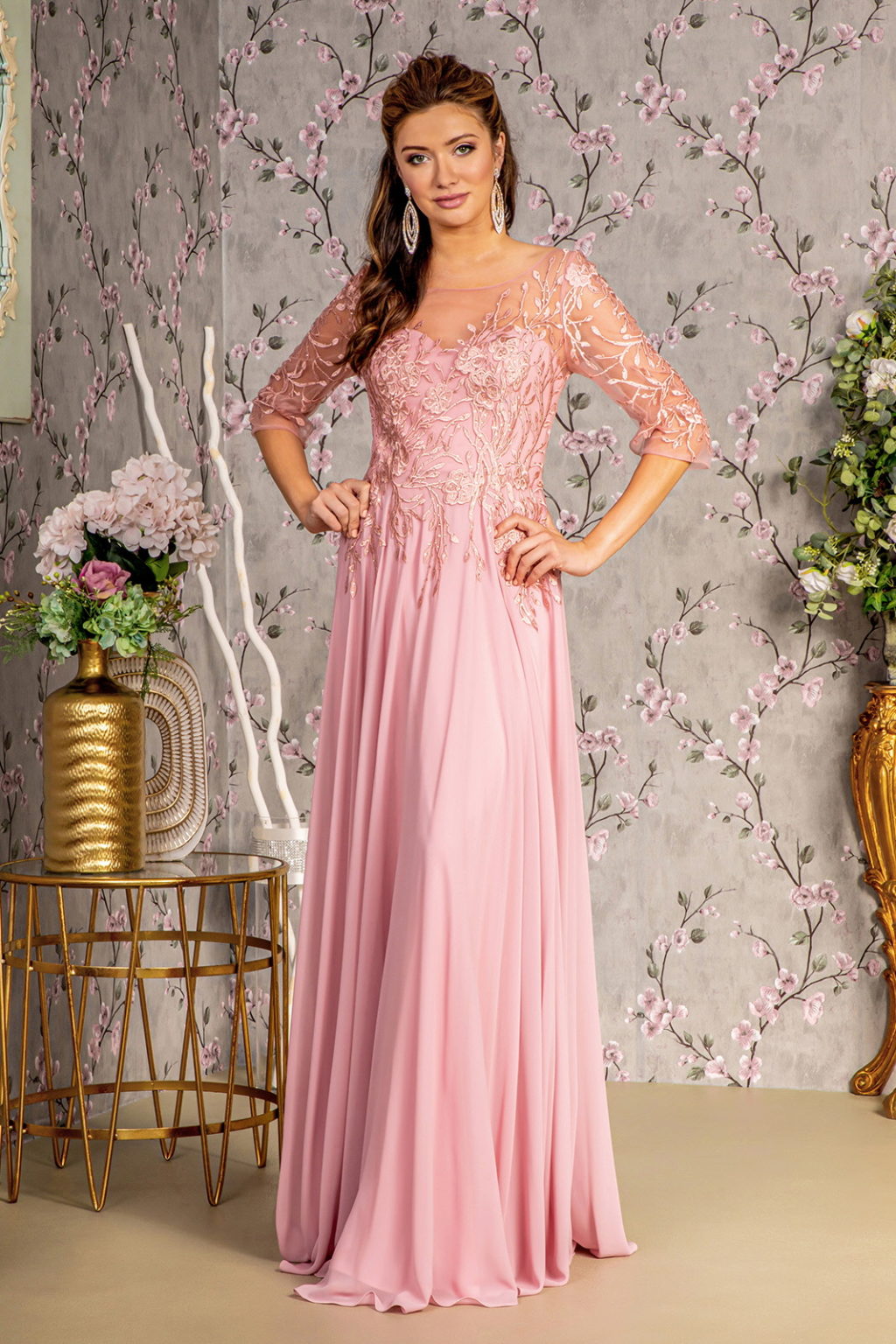 Bead Embroidery Sheer Neckline V-back Chiffon A-line Long Dress LuxuryLifeWay Online Store