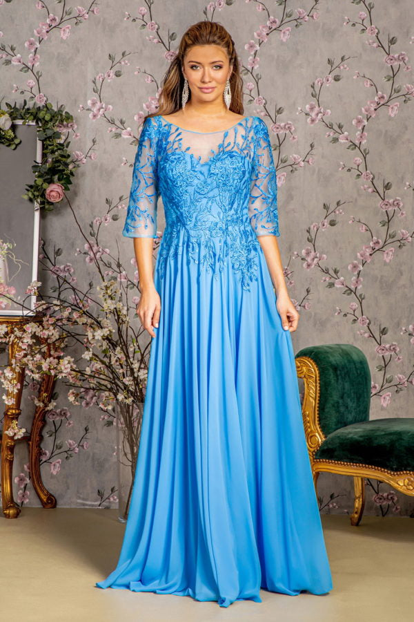 Bead Embroidery Sheer Neckline V-back Chiffon A-line Long Dress LuxuryLifeWay Online Store