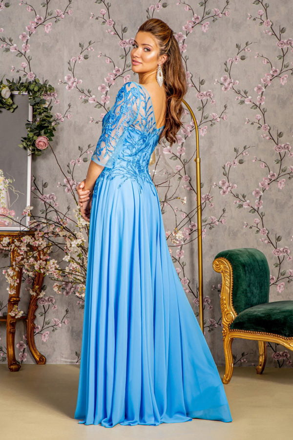 Bead Embroidery Sheer Neckline V-back Chiffon A-line Long Dress LuxuryLifeWay Online Store