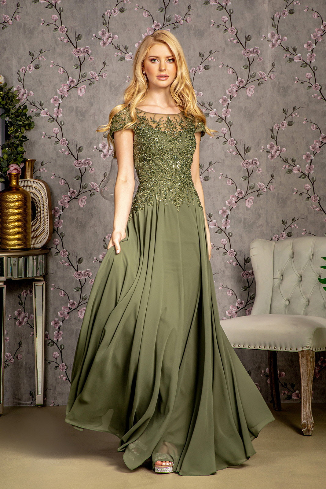 Embroidery Bead Sheer Bodice A-line Chiffon Long Dress LuxuryLifeWay Online Store