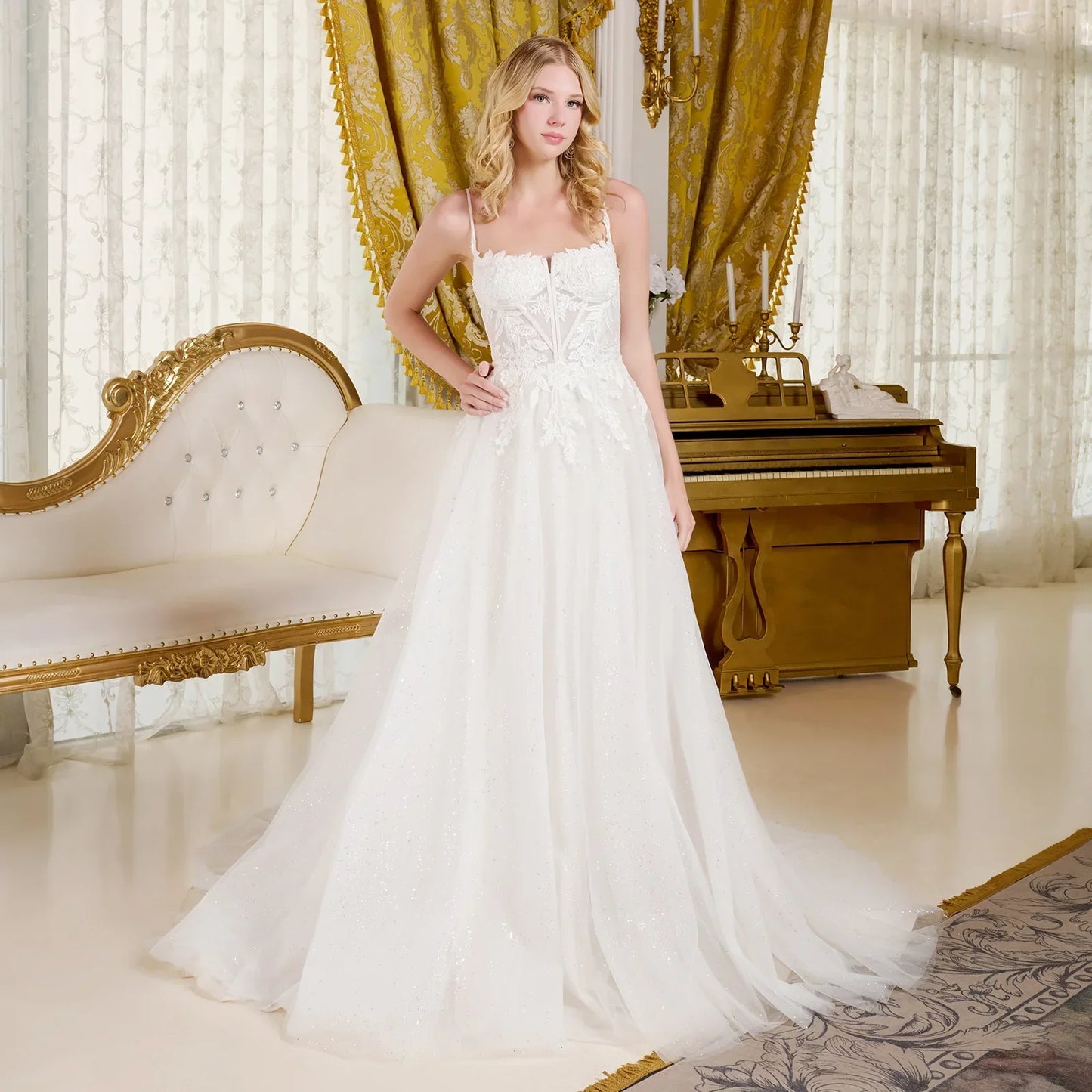 A-Line Wedding Dress Spaghetti Straps Bodice With A Boat Neckline LuxuryLifeWay Online Store
