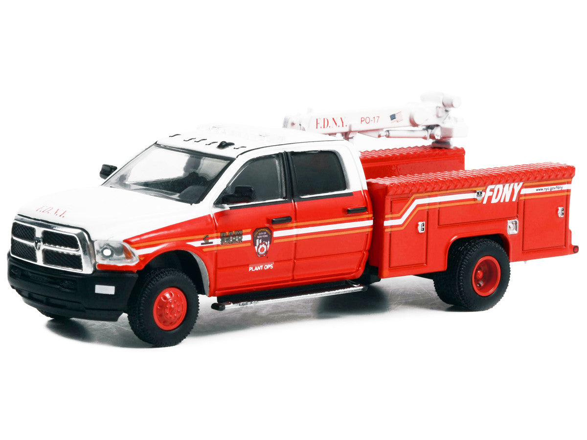 2018 Ram 3500 Dually Crane Truck Red and White with Stripes "FDNY (Fire Department of the City of New York) Plant Ops" "Dually Drivers" Series 10 1/64 Diecast Model Car by Greenlight LuxuryLifeWay Online Store