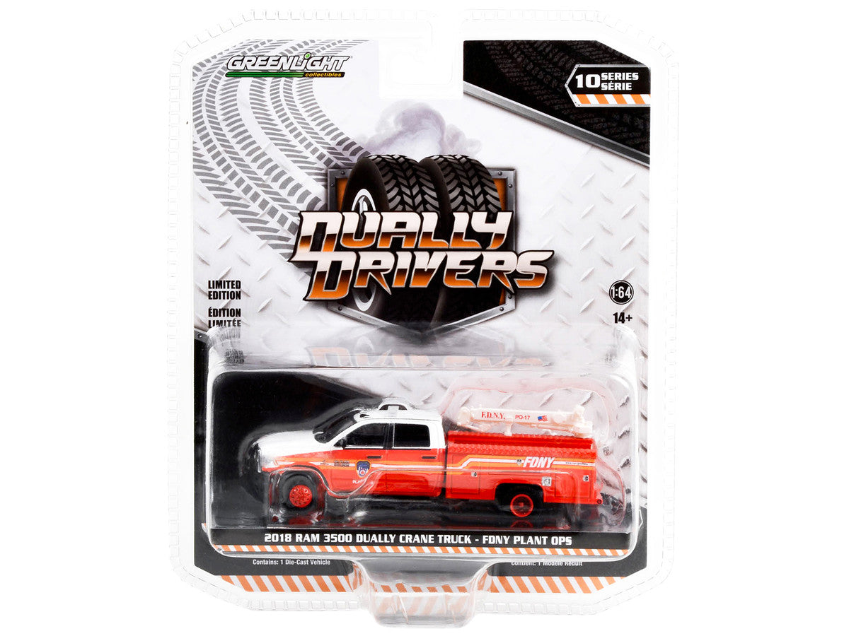 2018 Ram 3500 Dually Crane Truck Red and White with Stripes "FDNY (Fire Department of the City of New York) Plant Ops" "Dually Drivers" Series 10 1/64 Diecast Model Car by Greenlight LuxuryLifeWay Online Store