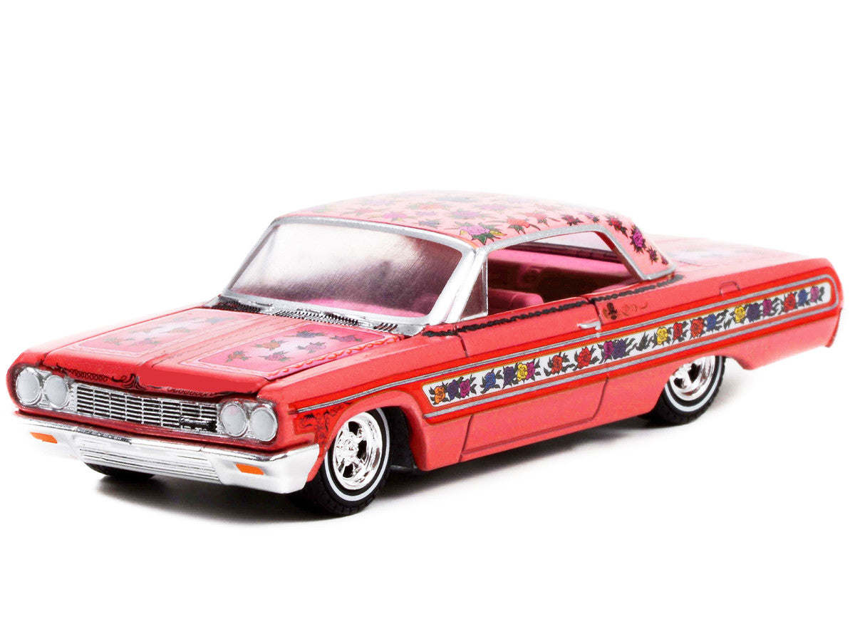 1964 Chevrolet Impala Lowrider Pink Metallic with Rose Graphics and Pink Interior "California Lowriders" Release 1 1/64 Diecast Model Car by Greenlight LuxuryLifeWay Online Store