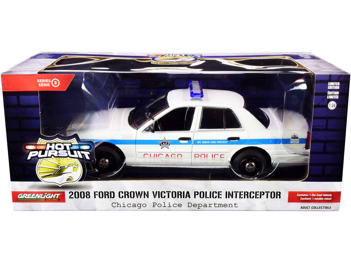 2008 Ford Crown Victoria Police Interceptor "CAPS" White with Blue Stripes "Chicago Police Department" "Hot Pursuit" Series 1/24 Diecast Model Car by Greenlight LuxuryLifeWay Online Store