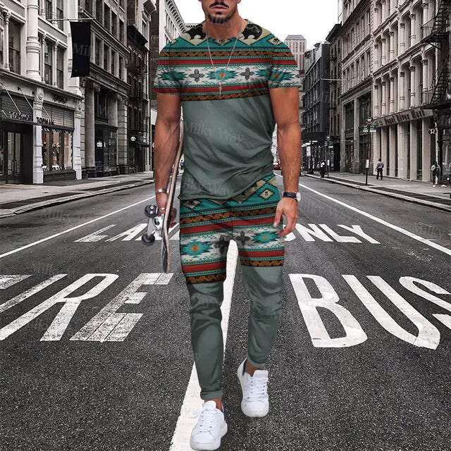 Men's Summer Tracksuit Stripe Print T-shirt Trousers Set