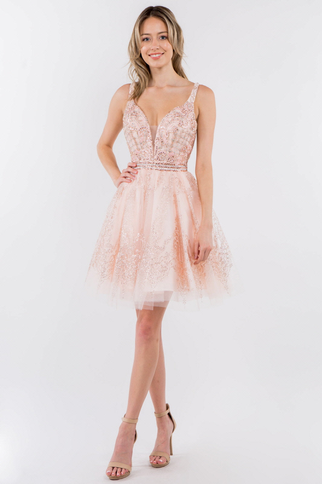 Jewel Accented Waistline Glitter Mesh V-Neck Short Dress LuxuryLifeWay Online Store