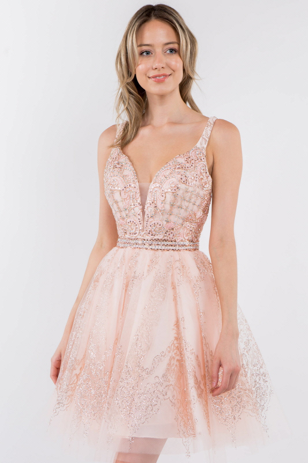 Jewel Accented Waistline Glitter Mesh V-Neck Short Dress LuxuryLifeWay Online Store