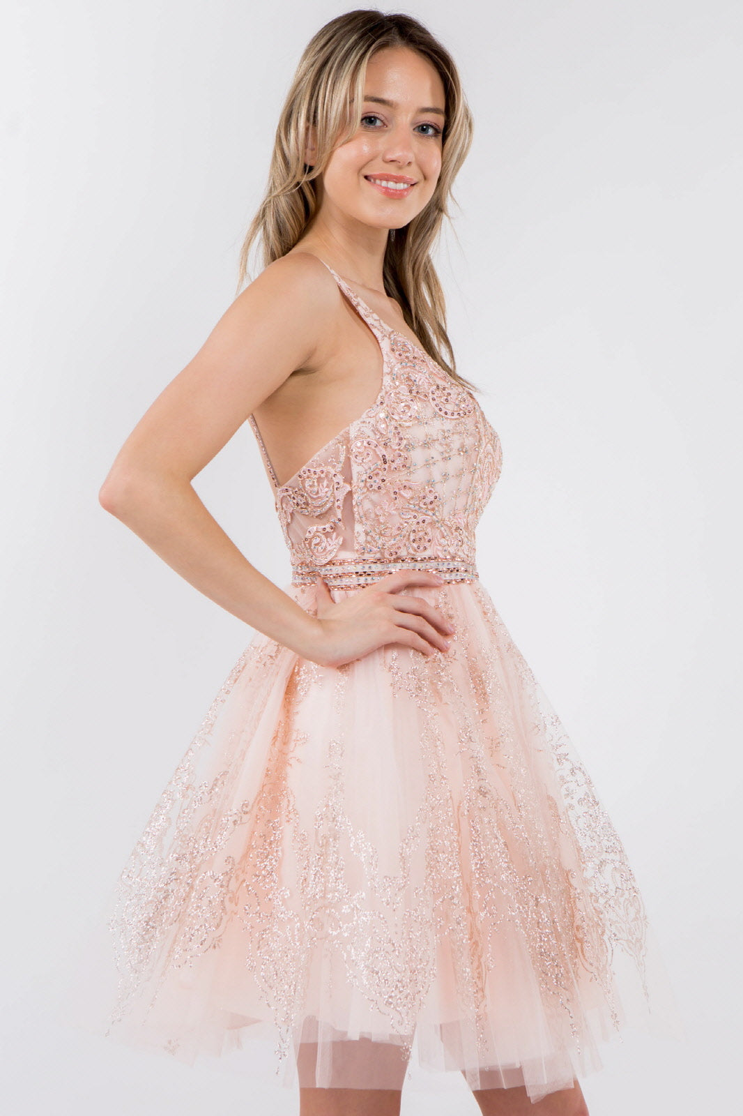 Jewel Accented Waistline Glitter Mesh V-Neck Short Dress LuxuryLifeWay Online Store