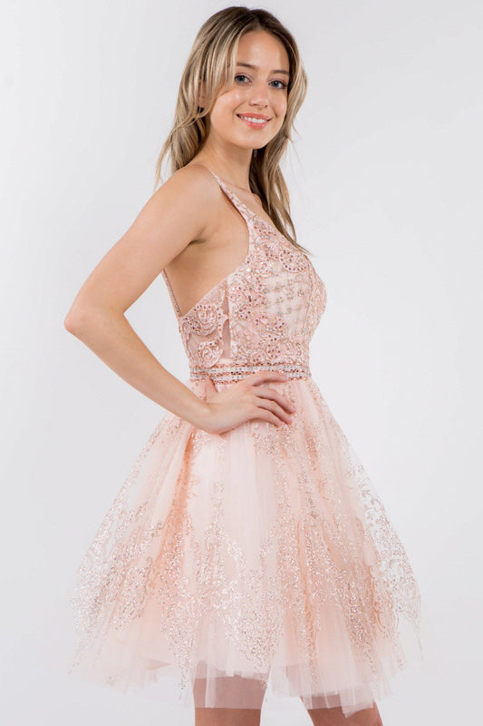 Jewel Accented Waistline Glitter Mesh V-Neck Short Dress LuxuryLifeWay Online Store