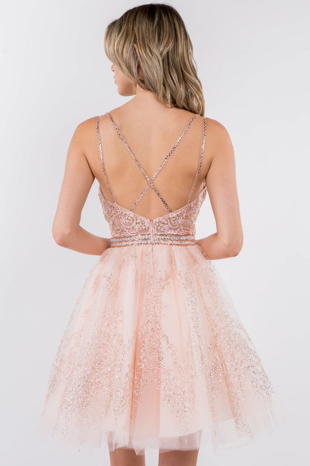 Jewel Accented Waistline Glitter Mesh V-Neck Short Dress LuxuryLifeWay Online Store