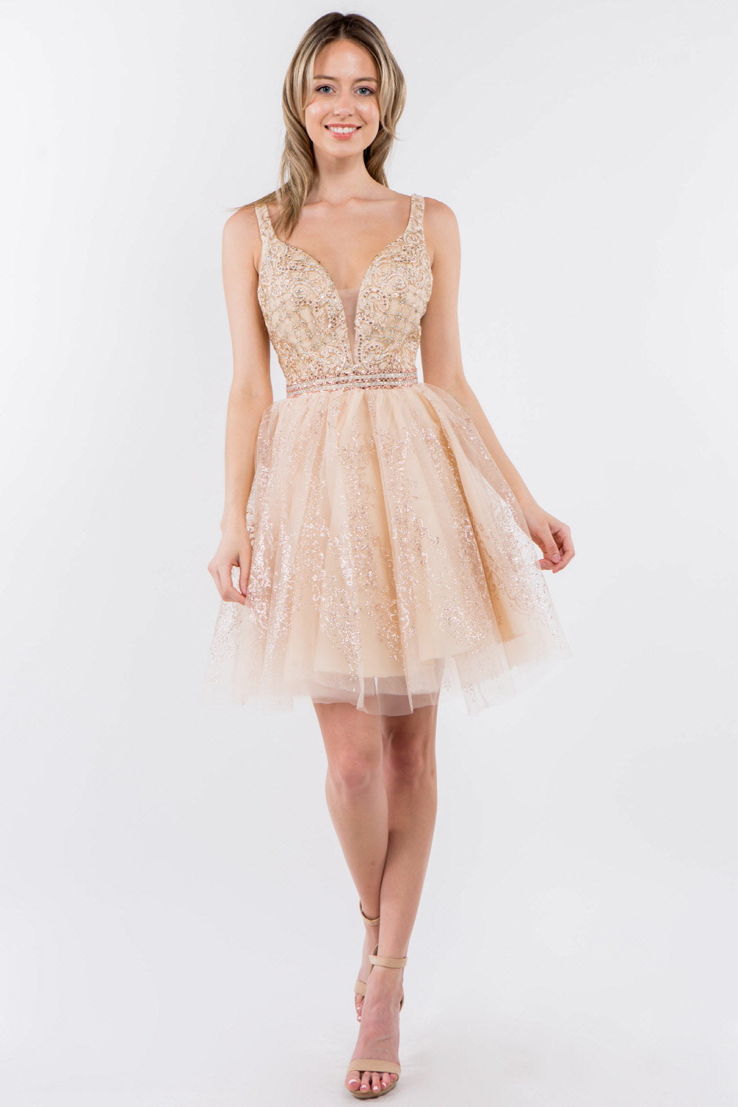 Jewel Accented Waistline Glitter Mesh V-Neck Short Dress LuxuryLifeWay Online Store