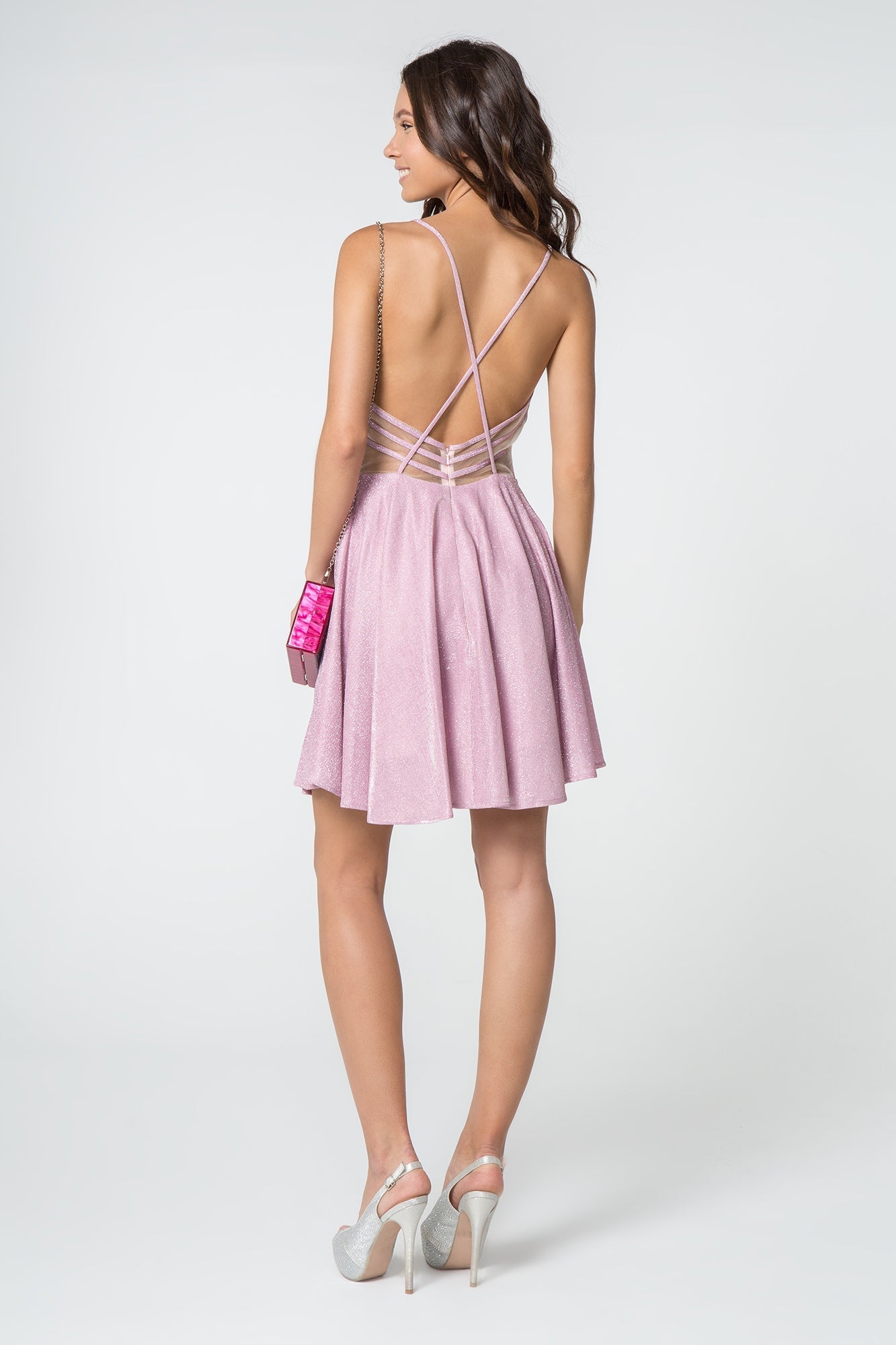 Illusion Deep V-Neck Glitter Crepe Short Dress w/ Strap Back LuxuryLifeWay Online Store