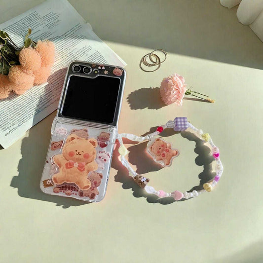 Cute Cartoon Bear Bracelet Phone Case with Card Slot for Samsung Galaxy Z Flip 3 4 5 6 - Clear Shockproof Protective Cover LuxuryLifeWay Online Store