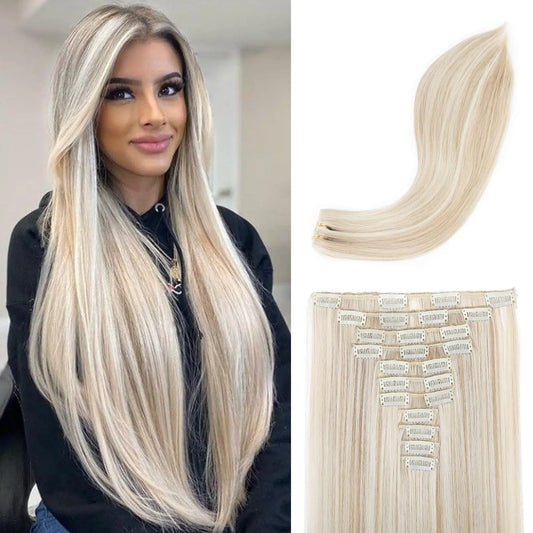 REECHO Hair Extensions 11PCS Clip in Hair Extensions 24" Long Straight hair extensions HE005 Natural Soft Synthetic Hairpieces for Women – Ash Blonde with Highlights