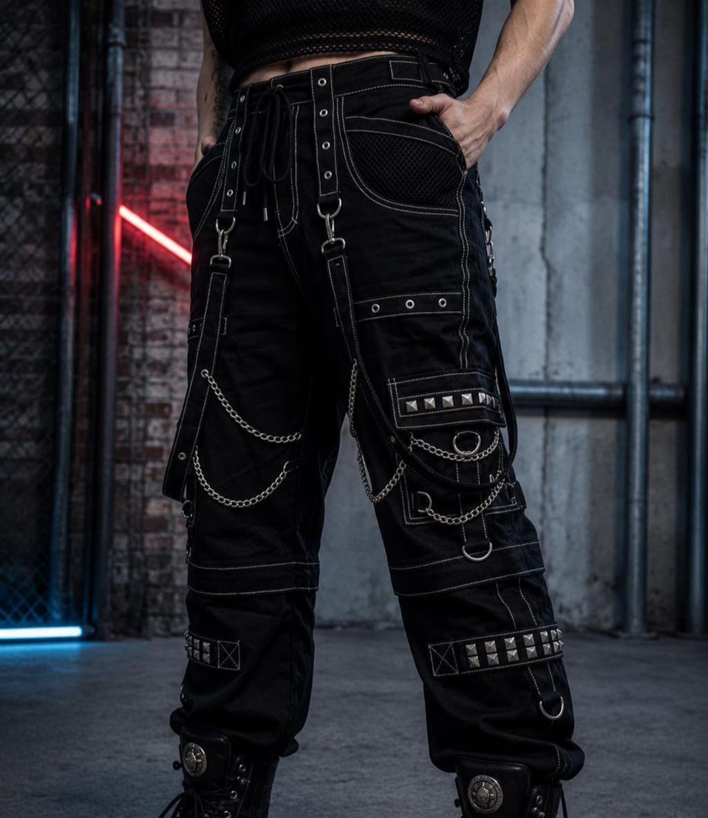 2 in 1 Cyberpunk Gothic Cargo convertible Pants for Men | Black Industrial Techwear Pants with Chains & Straps NorixaFashion.com
